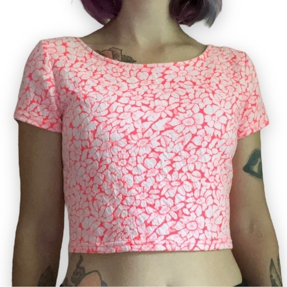 Forever 21 Neon Orange Floral Crop Top Fitted Short Sleeve Shirt Daisy Pattern M - Picture 3 of 11